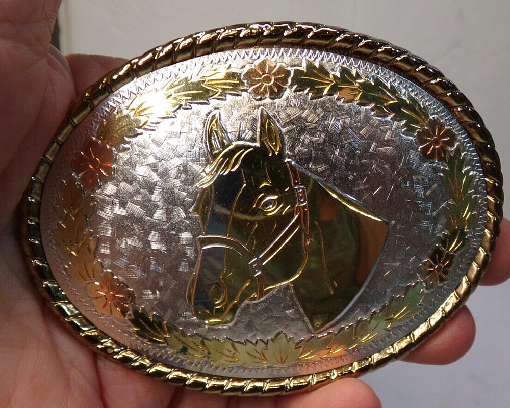 HORSE HEAD 3 Color Flower Belt Buckle Marked W USA 3.75&Prime; x 2.75&Prime; 1.5&Prime;belt