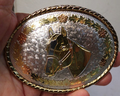 HORSE HEAD 3 Color Flower Belt Buckle Marked W USA 3.75&Prime; x 2.75&Prime; 1.5&Prime;belt