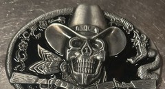 New Western Skull W Hat & Crossed Rifles Metal Onyx Black Enamel Belt Buckle