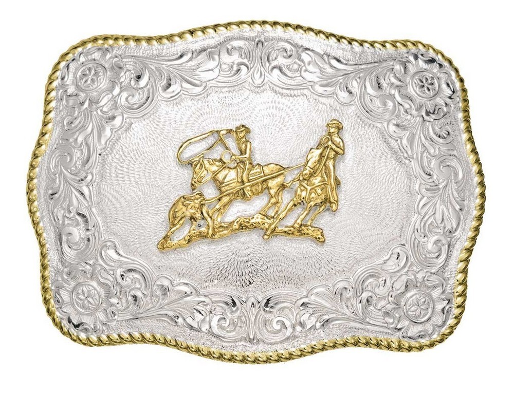 Crumrine Western Belt Buckle Rodeo Team Roper Silver Bronze C00464