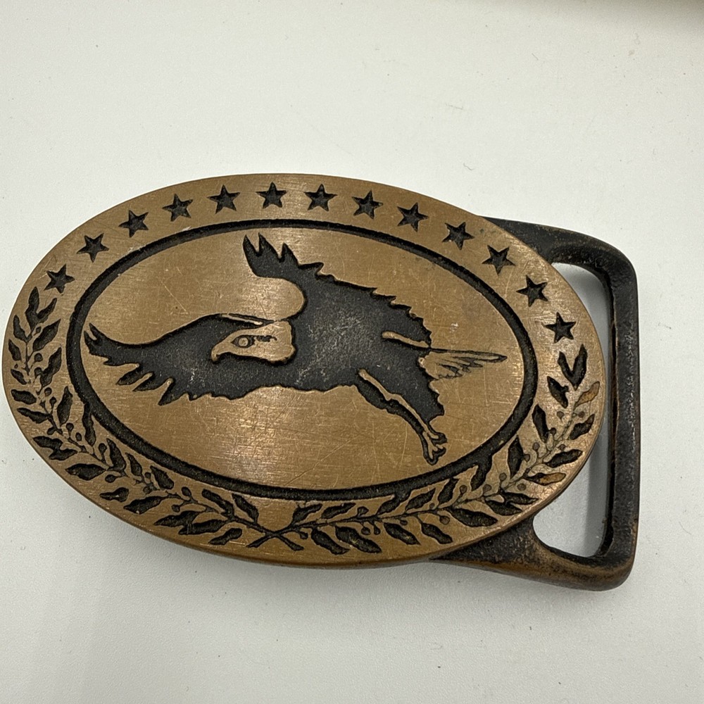 Cowboy Belt Buckle Brass Leather Bald Eagle Western Patriotic Mens 1970s Vintage