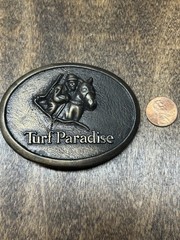 Vintage Turf Paradise Belt Buckle Horse Jockey Racing Equestrian Metal Western