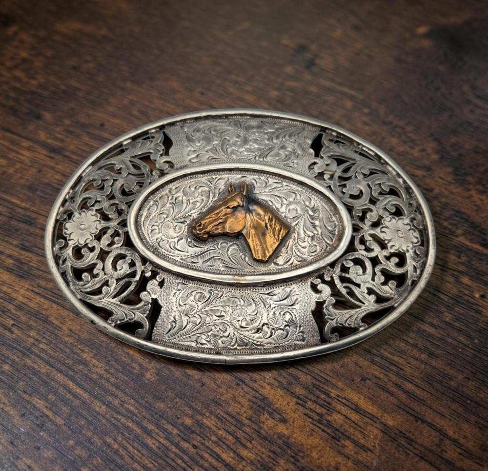 Men&rsquo;s Western Large Ornate Silver Overlay Belt Buckle With Copper Horse