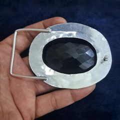 Blue Faceted Glass Gemstone Belt Buckle Handmade Vintage Style Silver Tone