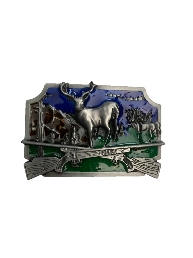 Deer Hunting Belt Buckle Rifles Metal Blue Green Enameled Nice!