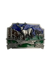 Deer Hunting Belt Buckle Rifles Metal Blue Green Enameled Nice!