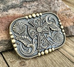 Western Cowboy Belt Buckle with Cross – Antique Bronze Floral Engraved Buckle