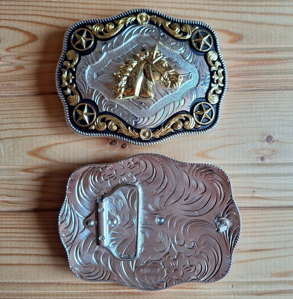 BIG Horse Stars western silver & gold & black belt buckle (choice designs)