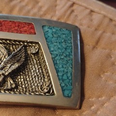 Vintage Men&rsquo;s Western Eagle Belt Buckle Silver Turquoise Coral Inlay
