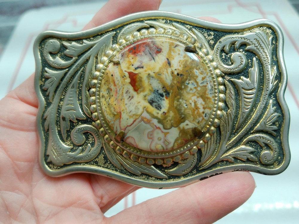 Vintage Agate Stone Silver Tone Western-style Mens Belt Buckle