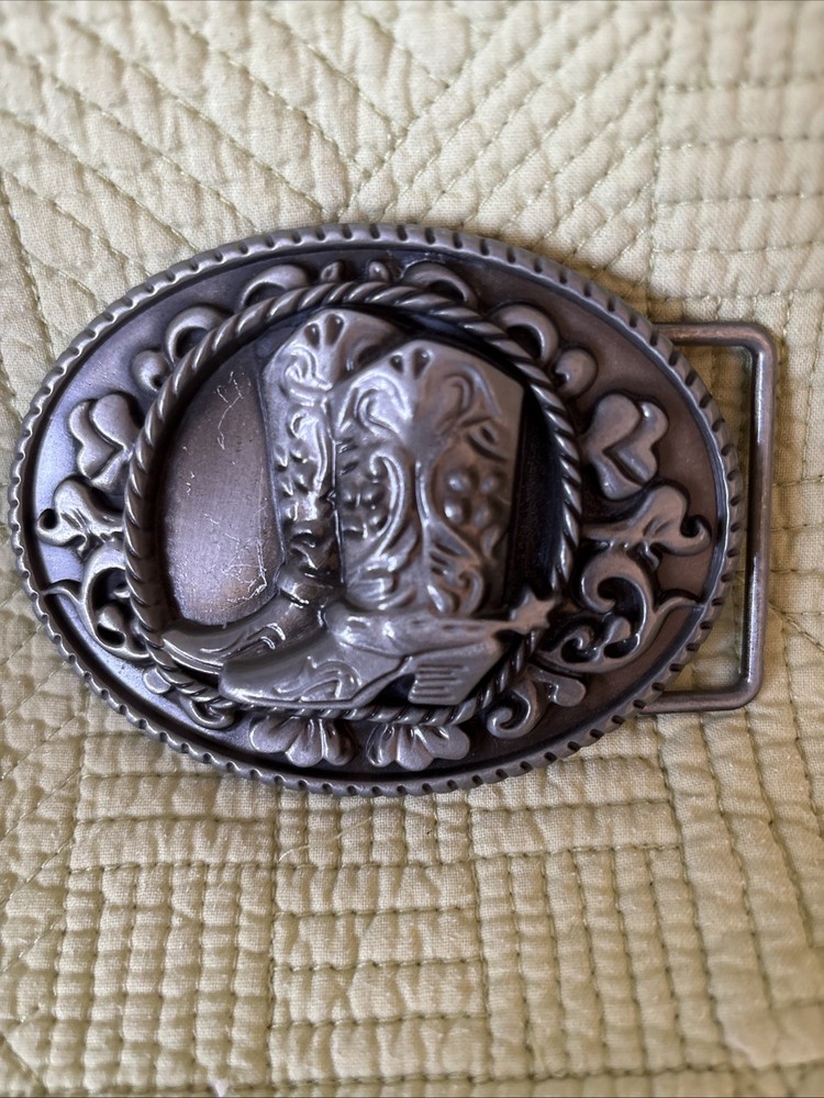 Vintage Western Cowboy Boots Belt Buckle Rope Scroll Design Silvertone 4×3”