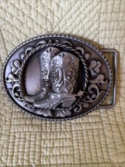 Vintage Western Cowboy Boots Belt Buckle Rope Scroll Design Silvertone 4×3”