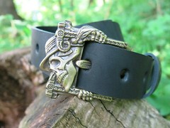 Brass belt buckle with skull « Jolly Roger »; Handmade pin type Skull buckle;