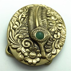 Feather & Jade Solid Brass Belt Buckle Western Cowboy Boucle Vintage Antique