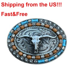 Silver Western Cowboy Belt Buckle Unisex Turquoise Cow Skull Belt Buckle NEW
