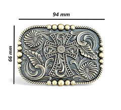 Western Cowboy Belt Buckle with Cross – Antique Bronze Floral Engraved Buckle