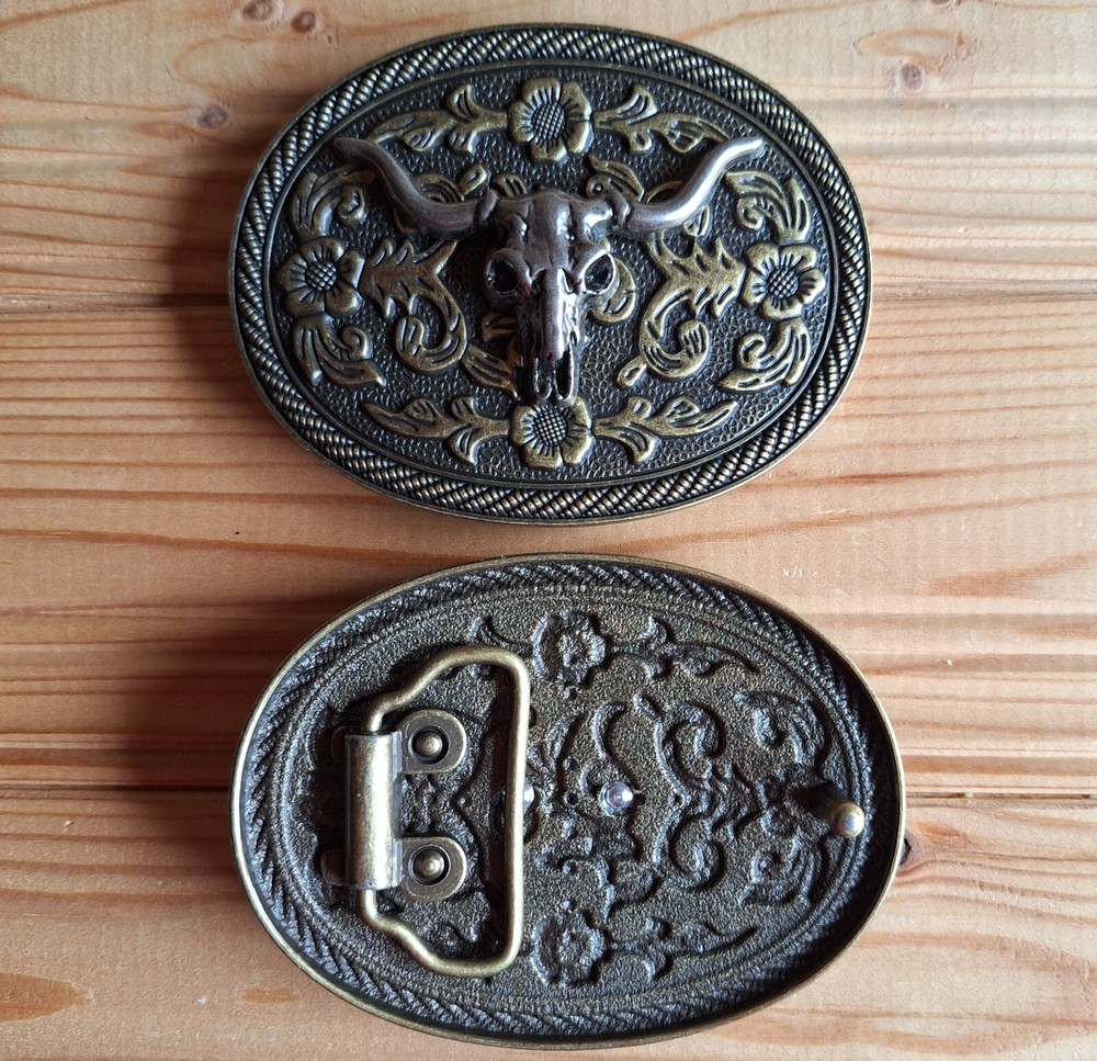 Long horns Bull western country oval bronze & metal belt buckle (choice designs)