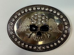 Skull Wings Crossbones with Clear Rhinestone Halloween Gothic LARGE Belt Buckle