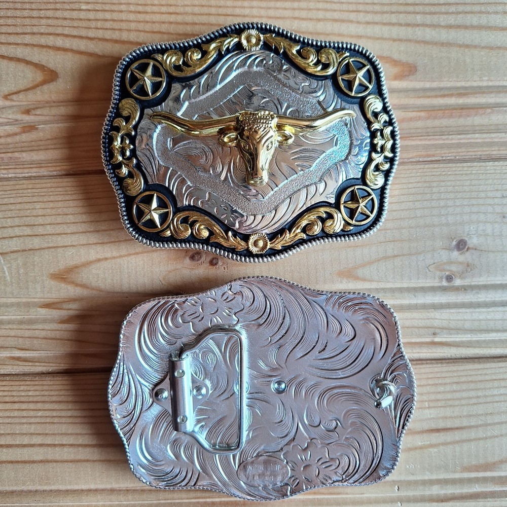 BIG Long horns bull stars western country silver & gold & black belt buckle