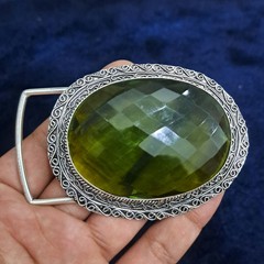 Green Faceted Glass Gemstone Belt Buckle Handmade Vintage Style Silver Tone West