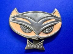 Cute Kitty Cat Head with Bowtie Clear Rhinestone Eye Belt Buckle by Heavy Metal