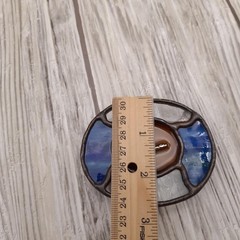 Vtg Stained Glass Flute Belt Buckle Handmade Copper Tone Blue Art Glass Artisan