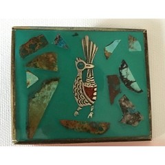Vintage Solid Brass Roadrunner Turquoise Chip Inlay Southwest Belt Buckle Cowboy