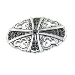 Oval Gothic Cross Belt Buckle in Antique Silver with Black Crystals