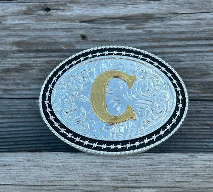 Western Style Matte Black and Silver Oval Shaped Gold Initial C Belt Buckle
