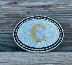 Western Style Matte Black and Silver Oval Shaped Gold Initial C Belt Buckle