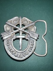 Vintage 70s Military “De Oppresso Liber” Special Forces Belt Buckle, Pewter Look