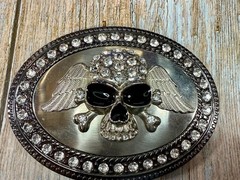 Skull Wings Crossbones with Clear Rhinestone Halloween Gothic LARGE Belt Buckle