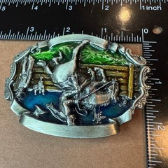 Vintage Western Rodeo Bronco Rider Belt Buckle Enamel Pewter Tone Cowboy Style