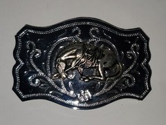 Vintage Chrome Belt Buckle with Applied Bronze Bucking Bronco Horse Clean READ
