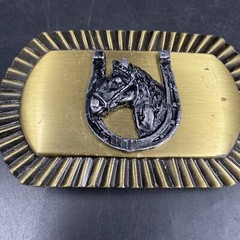 Vintage Texture Brass Horse Head Horseshoe Wetsern Belt Buckle Equestrian