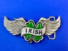 Irish Lucky Four 4 Leaf Clover W/ Wings Cutout Green & Silver Belt Buckle