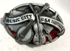 Vintage Siskiyo Belt Buckle Nashville Music City USA, Banjo Fiddle 1984 Red