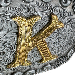 Vintage WMG Western Belt Buckle Initial K Cowboy Rodeo Floral Scroll Rope Edge