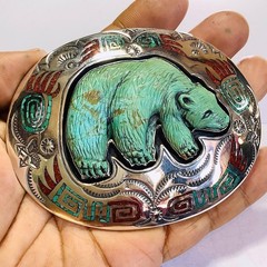 American Style Hand Carved Bear Turquoise Sterling Silver Belt Buckle – 1.5&Prime;