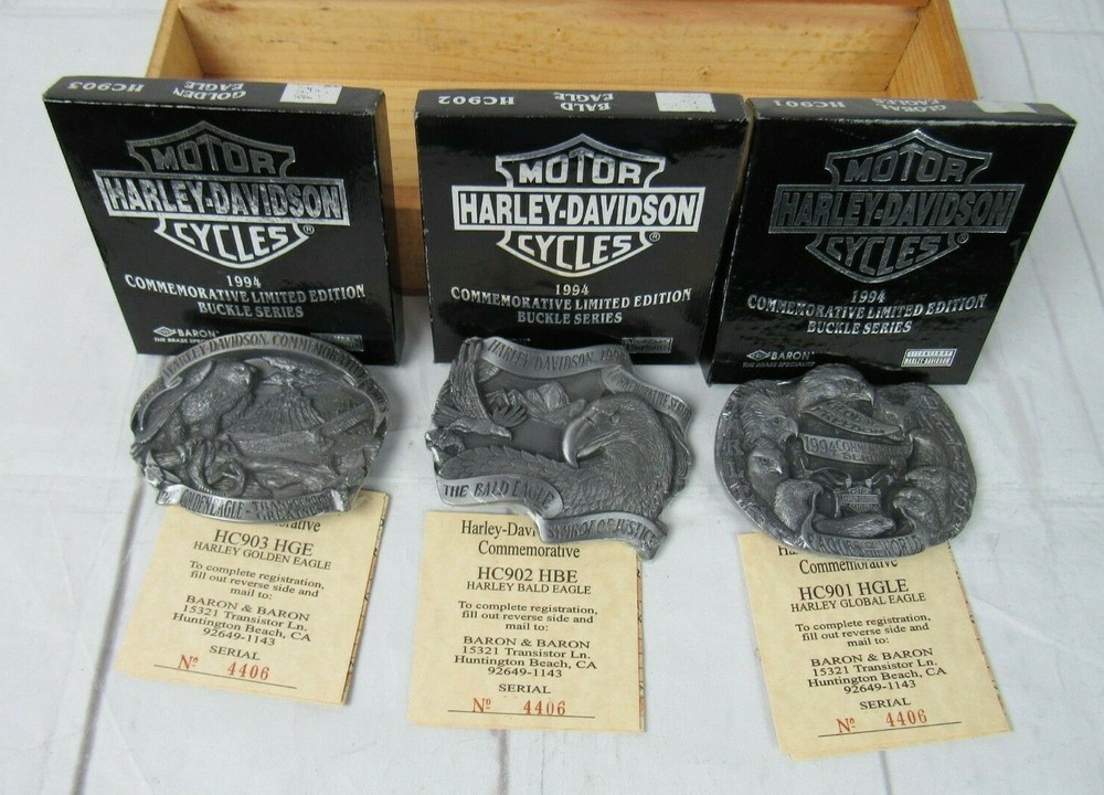 Harley-Davidson Motorcycles 1994 Commemorative Eagle Buckle Set Wood Box New
