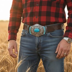 Men Silver Big Metal Buckle Aztec Western Mayan Style Turquoise Blue Beads Color
