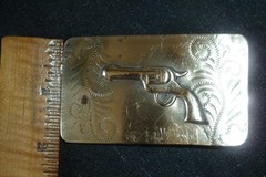 Vintage Western Brass Belt Buckle Embossed Revolver Gun Pistol Solid Bar RARE