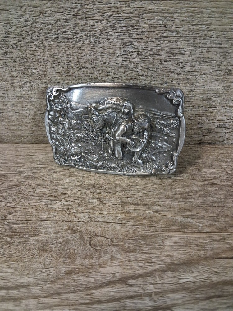 Vintage Bergamot Brass belt buckle 1984 Gold Miner, silver color Made in USA 23f