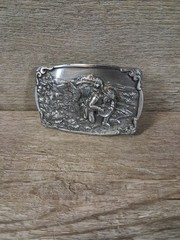 Vintage Bergamot Brass belt buckle 1984 Gold Miner, silver color Made in USA 23f