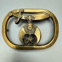Vintage 1980 Solid Brass Shriners Belt Buckle Scimitar Crescent Sphinx Star