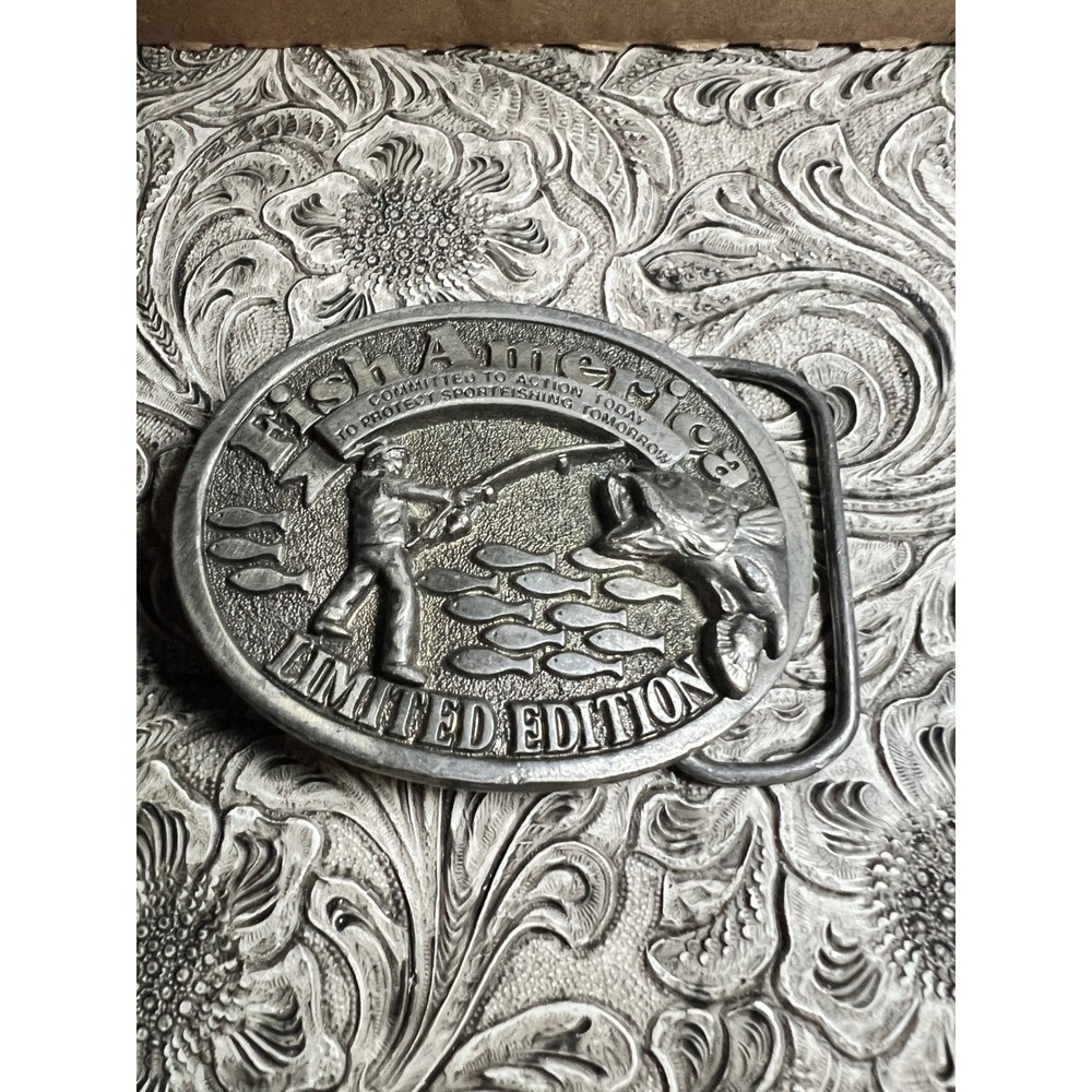 Vintage 1980s FishAmerica Limited Edition Pewter Belt Buckle American Buckle USA