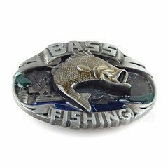 Bass Fishing Belt Buckle Antique Silver Finish Color Enamel Inlay Fits 1.5&Prime; Belt