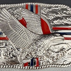Vintage Buckle Silver Tone Eagle Hawk Enamel Patriotic