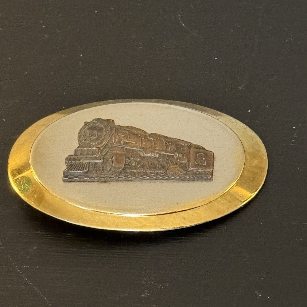 Vintage Locomotive Train Belt Buckle Metal Alloy with Gold-Tone Oval Border