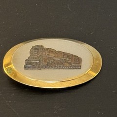 Vintage Locomotive Train Belt Buckle Metal Alloy with Gold-Tone Oval Border